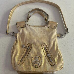 Kathy Van Zeeland Gold Metallic Shoulder Bag Studded Glam Purse Slouchy Tote Vtg